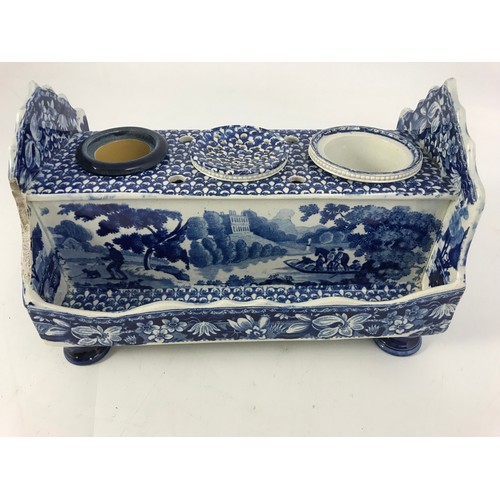 234 - 19TH CENTURY BLUE AND WHITE DESK STAND TRANSFER DECORATED WITH ENGLIUSH COUNTRY SCENES