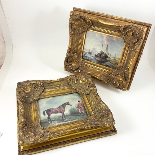 30 - TWO CONTEMPORARY 18TH CENTURY STYLE OLEOGRAPHS, HUNTSMAN WITH HORSE AND DUTCH ESTUARY SCENE WITH BOA... 