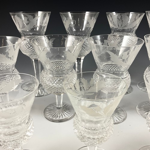 294 - A PART SUITE OF EDINBURGH THISTLE CUT STEM WARE, COMPRISING 6 WINE GLASSES, 16.5CM HIGH, 6 WHITE WIN... 