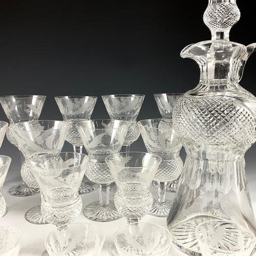 294 - A PART SUITE OF EDINBURGH THISTLE CUT STEM WARE, COMPRISING 6 WINE GLASSES, 16.5CM HIGH, 6 WHITE WIN... 