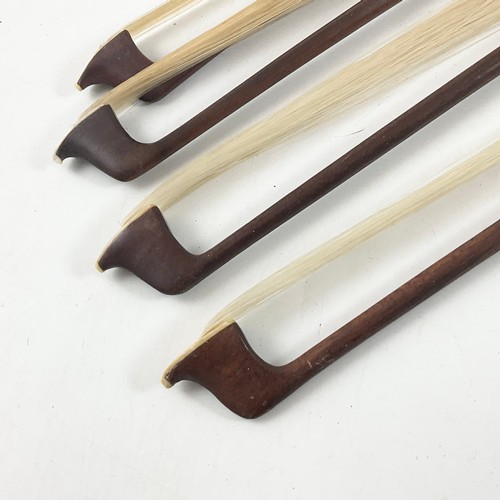 370 - FOUR PERNAMBUCO VIOLIN BOWS, EACH WITH NICKEL MOUNTED EBONY FROG AND MOTHER OF PEARL EYE, 74CM MAXIM... 