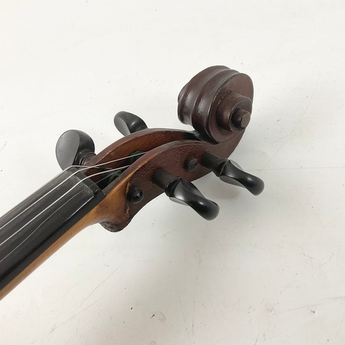 376 - THREE SPRUCE AND MAPLE FULL SIZE VIOLINS, EACH WITH EBONY AND BOXWOOD STRINGING, EBONY AND HARDWOOD ... 