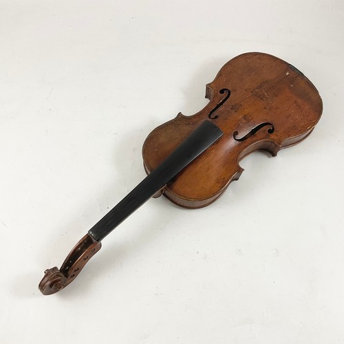 376 - THREE SPRUCE AND MAPLE FULL SIZE VIOLINS, EACH WITH EBONY AND BOXWOOD STRINGING, EBONY AND HARDWOOD ... 