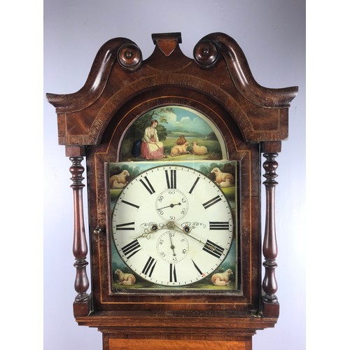 324 - LONG CASE CLOCK WITH PAINTED FACE MOORE DERBY, 8 DAY MOVEMENT WITH SUBSIDIARY SECONDS AND DATE, ARCH... 