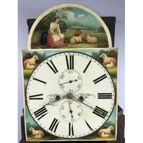 324 - LONG CASE CLOCK WITH PAINTED FACE MOORE DERBY, 8 DAY MOVEMENT WITH SUBSIDIARY SECONDS AND DATE, ARCH... 