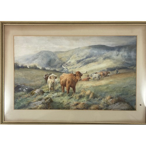 9 - G F WALDO JOHNSON, HIGHLAND CATTLE IN MOUNTAIN LANDSCAPE, WATERCOLOUR, SIGNED, 41.5CM X 69CM, FRAMED