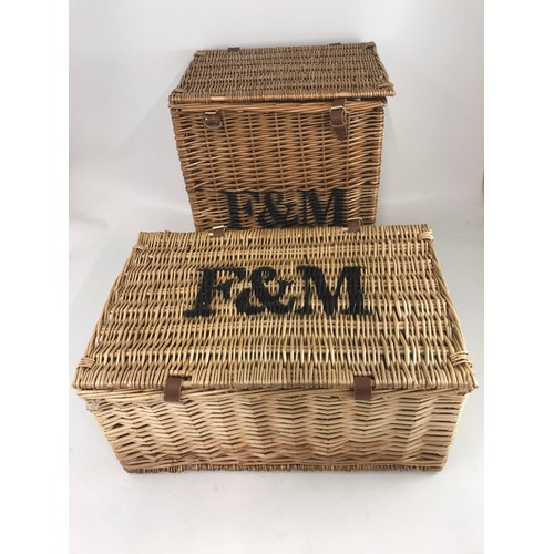 410 - TWO FORTNUM & MASON’S PICNIC HAMPERS, EACH WITH STENCILLED LETTERING AND LEATHER FASTENING STRAPS,  ... 