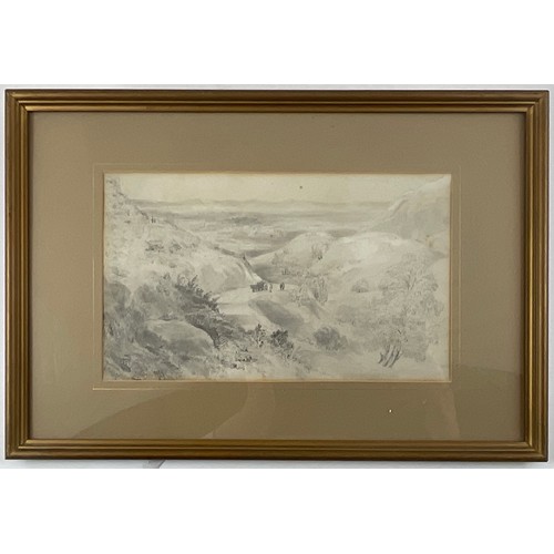 17 - 19TH CENTURY ENGLISH SCHOOL, MALVERN HILLS, PENCIL SKETCH, TITLED VERSO, 18.5CM X 31CM, FRAMED