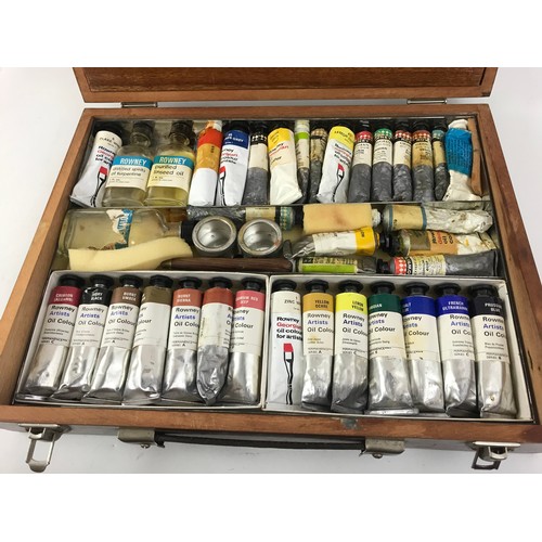 465 - ARTIST EASEL, & CASE OF OLD PAINTS