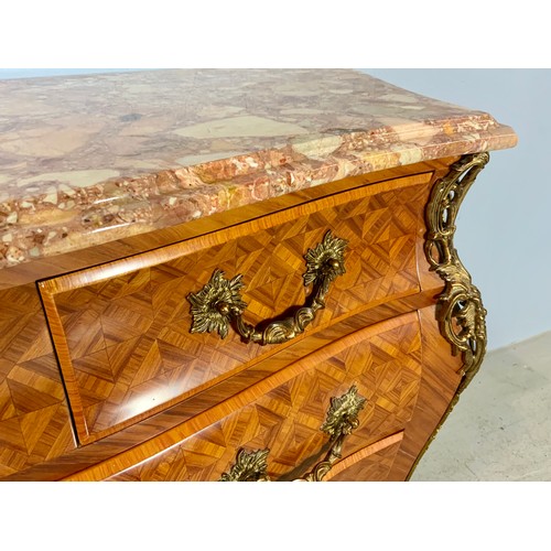 664 - BOMBE SHAPED INLAID CHEST OF DRAWERS WITH MARBLE TOP, approx. 128 cm