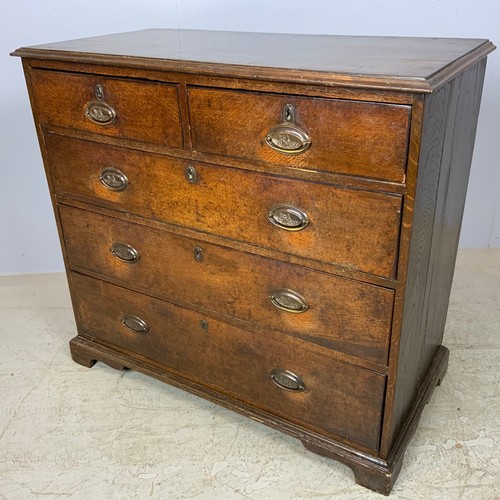 646 - GEORGIAN OAK CHEST OF THREE DRAWERS ON BRACKET FEET, approx. 102 cm