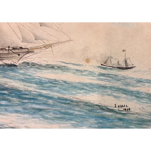 29 - TWO WATERCOLOURS OF CLIPPER & SAILING SHIP, APPROX. 37cm x 26 cm, SIG. L H HILL, 1928