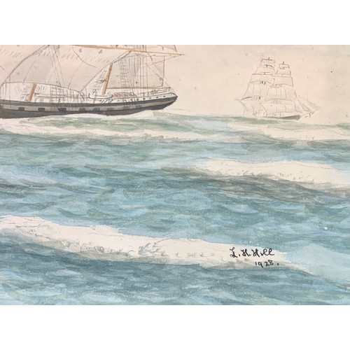 29 - TWO WATERCOLOURS OF CLIPPER & SAILING SHIP, APPROX. 37cm x 26 cm, SIG. L H HILL, 1928