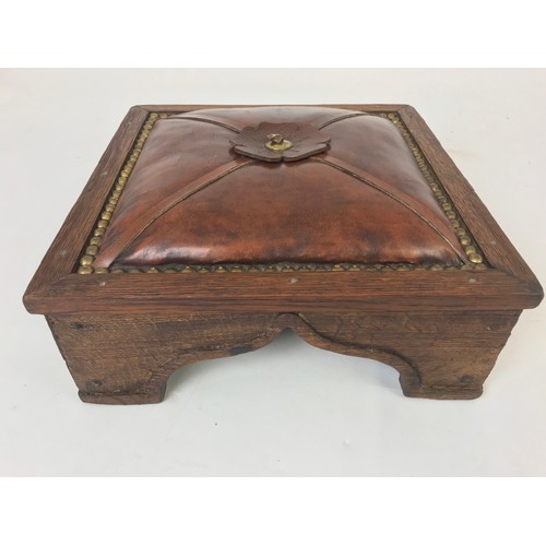 668 - ARTISAN MADE FOOTSTOOL, WITH DECORATIVE LEATHER TOP AND BASE STRETCHERS,