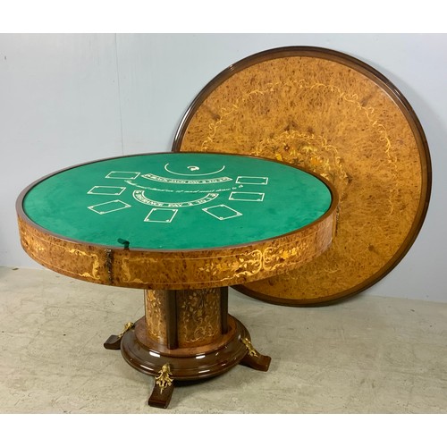 625 - VERY IMPRESSIVE REPRODUCTION ITALIAN INLAID GAMES TABLE ON CYLINDRICAL PEDESTAL 123cm DIAMETER , 80c... 