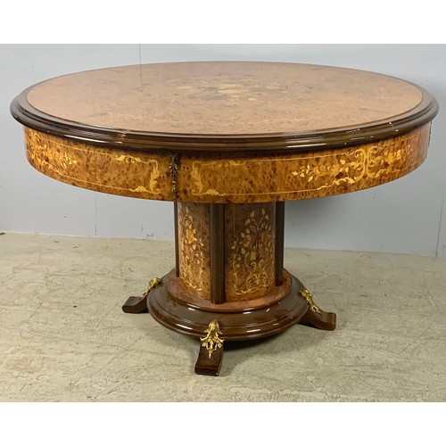 625 - VERY IMPRESSIVE REPRODUCTION ITALIAN INLAID GAMES TABLE ON CYLINDRICAL PEDESTAL 123cm DIAMETER , 80c... 