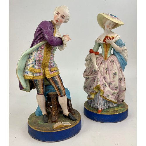 118 - PR. LARGE GEORGE JONES BISQUE FIGURES, MAN WITH A CIGAR AND LADY READING, BOTH IN PERIOD COSTUME, EA... 