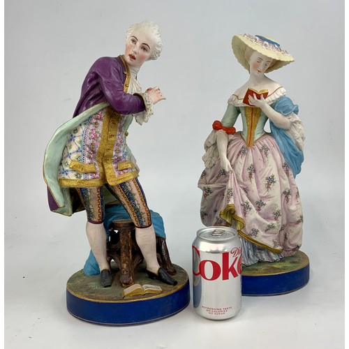 118 - PR. LARGE GEORGE JONES BISQUE FIGURES, MAN WITH A CIGAR AND LADY READING, BOTH IN PERIOD COSTUME, EA... 