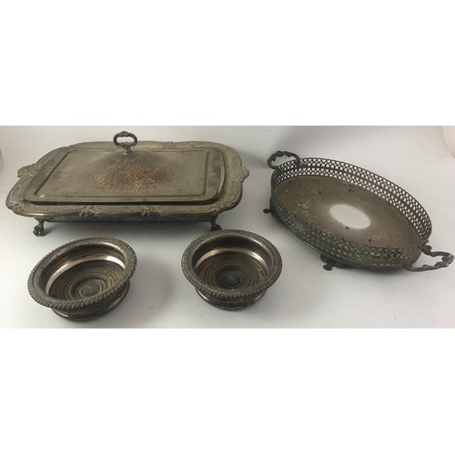 307 - MISC. PLATED WARE INC. TANKARDS, BOTTLE COASTER, TRAYS AND A LARGE AND IMPRESSIVE SILVER PLATED RECT... 