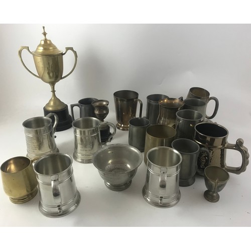 307 - MISC. PLATED WARE INC. TANKARDS, BOTTLE COASTER, TRAYS AND A LARGE AND IMPRESSIVE SILVER PLATED RECT... 