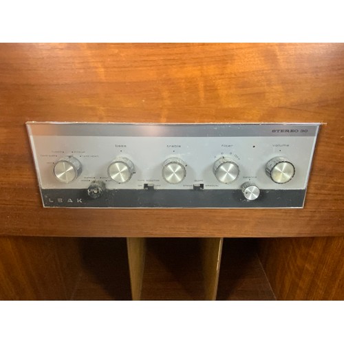 146 - VINTAGE HI FI, CABINET WITH GARRARD SP 25 MK II DECK, LEAK 30 AMPLIFIER AND A PAIR OF WHARFEDALE DAL... 