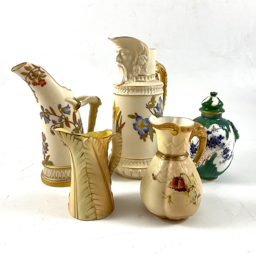 105 - A COLLECTION OF ROYAL WORCESTER BLUSH IVORY PORCELAIN, INCLUDING A MASK SPOUT JUG, CYLINDRICAL FORM,... 