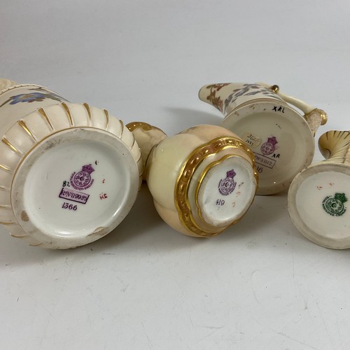 105 - A COLLECTION OF ROYAL WORCESTER BLUSH IVORY PORCELAIN, INCLUDING A MASK SPOUT JUG, CYLINDRICAL FORM,... 