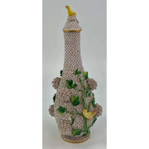 130 - MEISSEN BOTTLE VASE WITH ENCRUSTED DECORATION FEATURING YELLOW BIRDS, approx. 39 cm