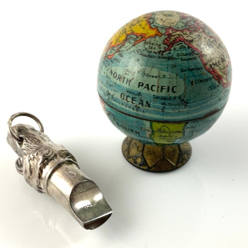 382 - DOG HEAD WHISTLE STAMPED 925 AND A NOVELTY GLOBE PENCIL SHARPENER