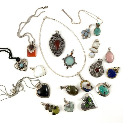 538 - A COLLECTION OF PENDANTS, MODERN STERLING SILVER AND WHITE MOUNTS, SET WITH SEMI PRECIOUS STONES INC... 