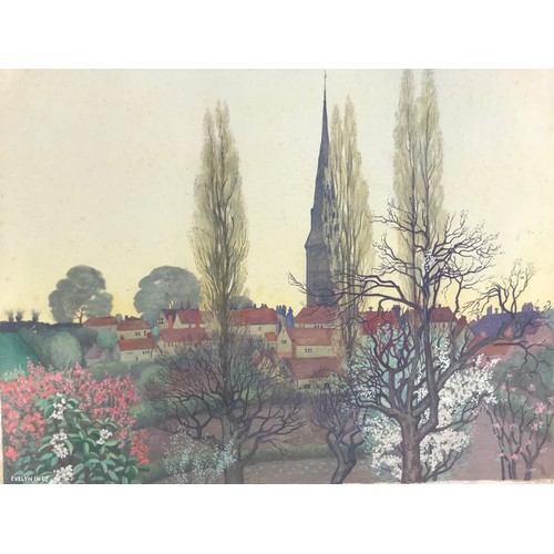 26 - EVELYN INCE WATERCOLOUR DEPICTING HOUSES AND TREES