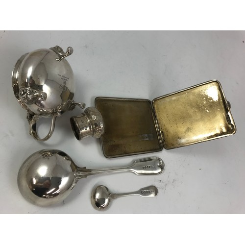 345 - SILVER CIGARETTE CASE, SILVER SPOON, SILVER MUSTARD POT AND SPOON TOGETHER WITH A SILVER TOP BOTTLE ... 