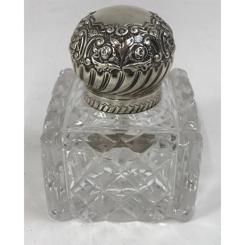 140 - VICTORIAN GLASS INK WELL WITH EMBOSSED SILVER TOP