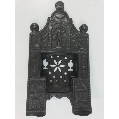 268 - MINIATURE CAST IRON FIRE GRATE BEARING MASONIC SYMBOLS 30cm TALL