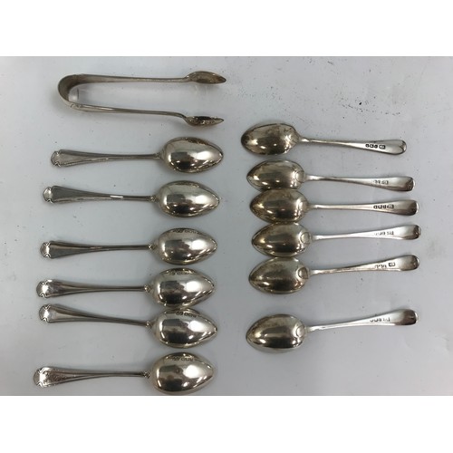 402 - CASED SET OF SILVER TEASPOONS TOGETHER WITH A FURTHER CASE OF SIX SILVER TEASPOONS WITH TONGS APPROX... 