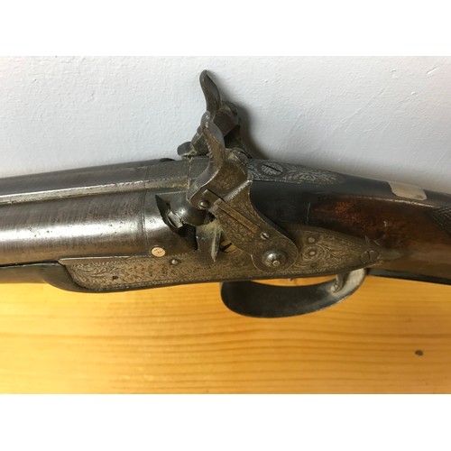 203 - DOUBLE BARRELLED HAMMER GUN BEARING MAKERS NAME POSSIBLY BUTLER LEDBURY HAVING DAMASK BARRELS’ AND W... 