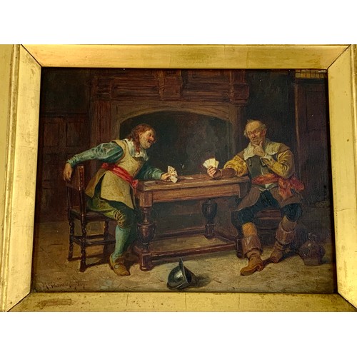 8 - SMALL OIL ON PANEL (POSSIBLY HENRY GILLARD GLINDONI 1850 – 1913) DEPICTING CARD PLAYERS, APPROX. 23 ... 