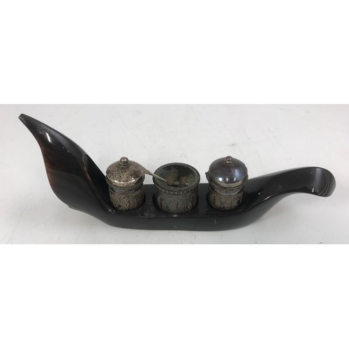 329 - FLOWER HOLDER HORN WITH WHITE METAL MOUNTS WITH A CONDIMENT SET IN HORN HOLDER ( KELANTAN SILVER ?)