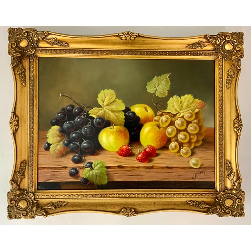 9 - FRAMED PICTURE ON CANVAS DEPICTING STILL LIFE FRUIT, WITH SIGNATURE. J.F.SMITH (ROYAL WORCESTER ARTI... 