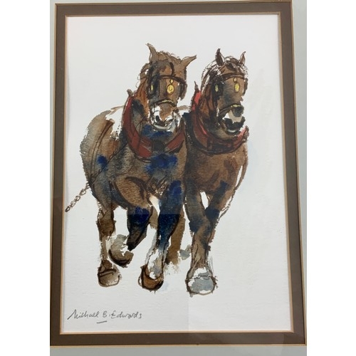 22 - MICHAEL B EDWARDS WATERCOLOUR DEPICTING TWO SHIRE HORSES, approx. 18 x 25 cm