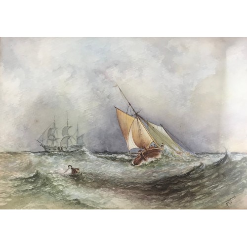18 - D.PEPLOW (FORMER ROYAL WORCESTER PORCELAIN ARTIST) WATERCOLOUR DEPICTING SAILING BOATS IN A STORMY S... 
