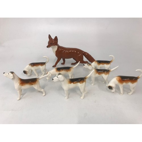 40 - BESWICK HUNTING GROUP WITH HUNTSWOMAN ON GREY HORSE MODEL NO 1730, a LARGE FOX AND 7 FOX HOUNDS