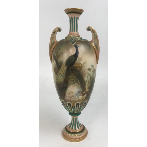 114 - HADLEY’ S WORCESTER VASE DECORATED WITH HAND PAINTED PEACOCK WITH FOLIAGE 31cm