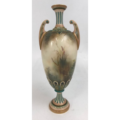 114 - HADLEY’ S WORCESTER VASE DECORATED WITH HAND PAINTED PEACOCK WITH FOLIAGE 31cm