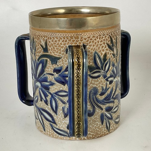 127 - FRANCIS E LEE FOR DOULTON LAMBETH, A STONEWARE TYG, 1879, WITH PLATED MOUNTS,  INCISED FLORAL DECORA... 