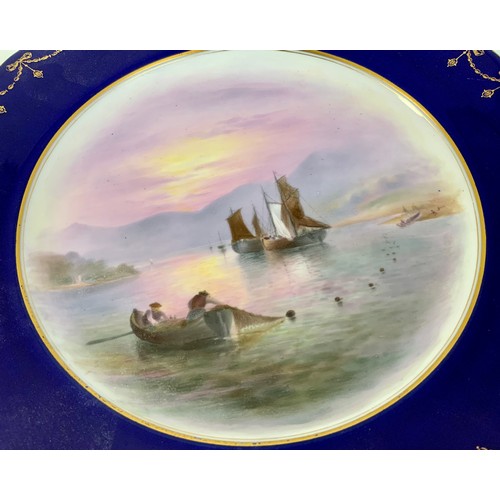 108 - ROYAL WORCESTER CABINET PLATE WITH HAND PAINTED FISHING BOAT DECORATION WITH COBALT BLUE SURROUND, A... 