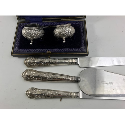 319 - PR. ORNATE WHITE METAL SALTS T/W QTY. MISC. PLATED WARE INC. FLATWARE ETC.