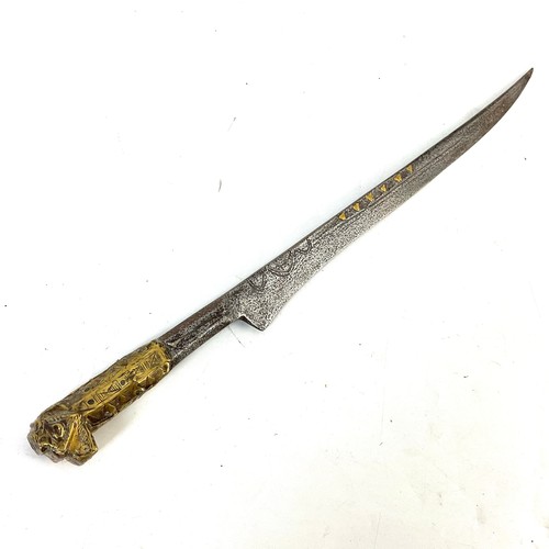 219 - YATAGHAN WITH YELLOW METAL STYLISED ANIMAL HEAD HANDLE, ETCHED AND INLAID BLADE, APPROX. 38 cm overa... 