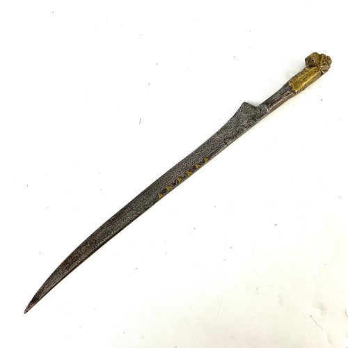 219 - YATAGHAN WITH YELLOW METAL STYLISED ANIMAL HEAD HANDLE, ETCHED AND INLAID BLADE, APPROX. 38 cm overa... 