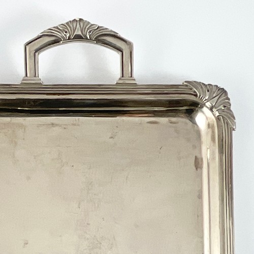 414 - RECTANGULAR HEAVY GAUGE SILVER TRAY WITH PRESENTATION INSCRIPTION, APPROX. 55 X 25 cm OVERALL, APPRO... 